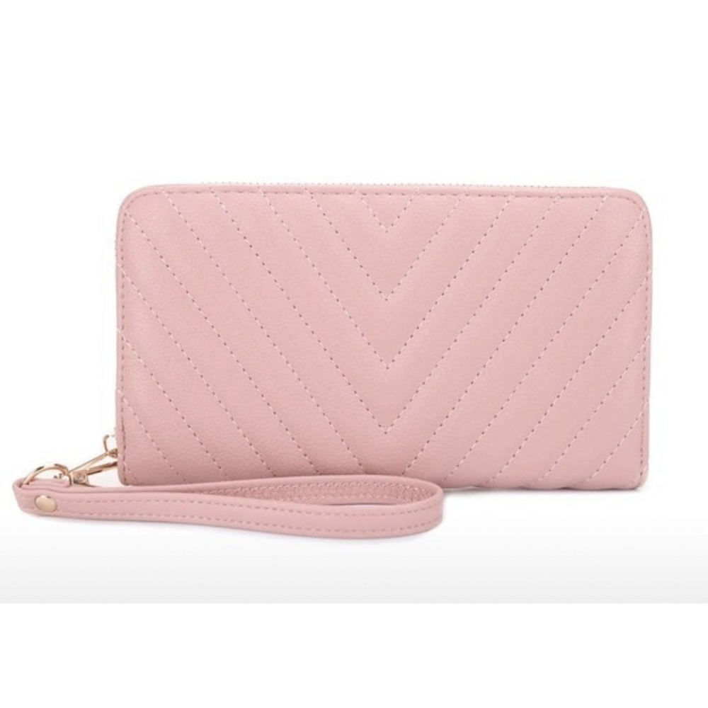 Pink Chevron Quilted Zip Around Wristlet Wallet Faux Leather Clutch Organizer